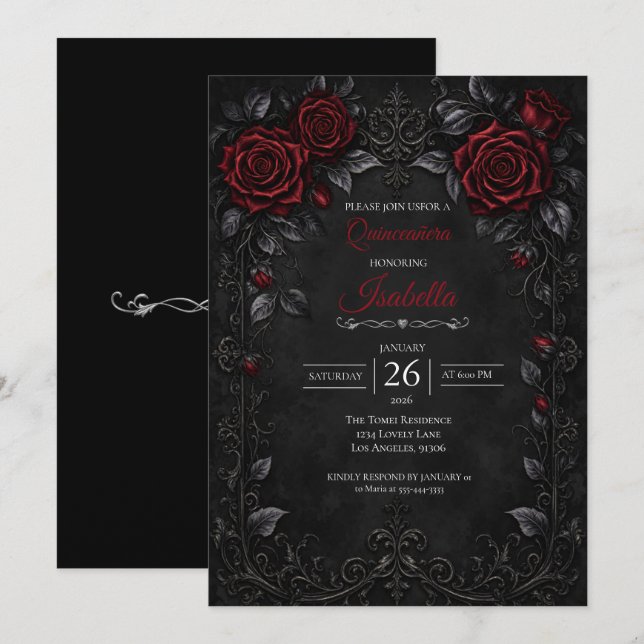 Invitation Quinceañera roses rouges gothiques (Devant / Derrière)