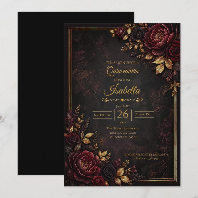 Invitation Quinceañera roses rouges gothiques (Devant / Derrière)