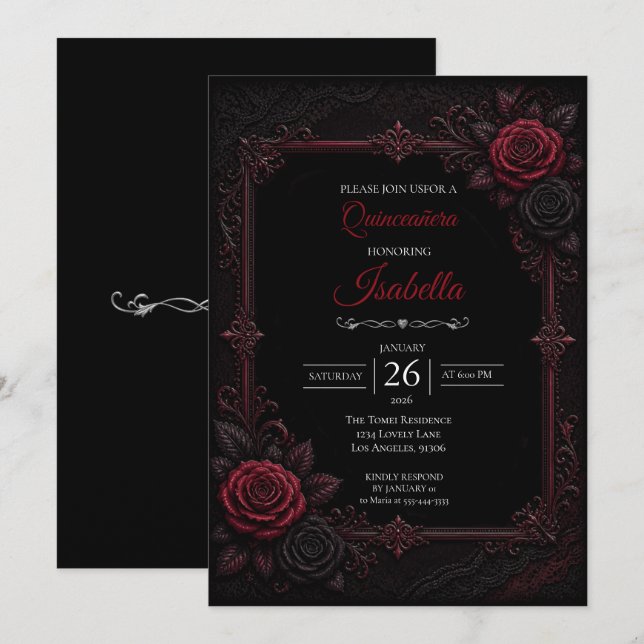 Invitation Quinceañera roses rouges gothiques (Devant / Derrière)