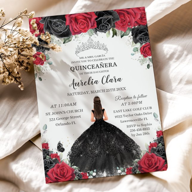 Invitation Quinceañera Roses Rouges Noires Roses Florales Pri (red and black roses flowers brunette girl in black dress quinceanera sweet 16 birthday invitations)