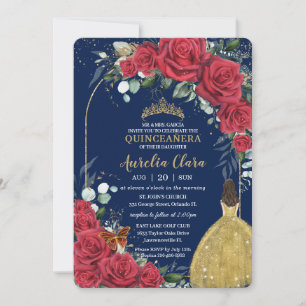 Invitation Quinceañera Roses Rouges Princesse Roses Jaunes Bl