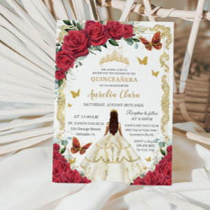 Invitation Quinceañera Roses rouges Roses florales Robe d'ivo