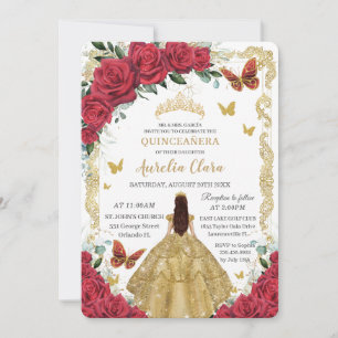 Invitation Quinceañera Roses rouges Roses florales Robe or pr