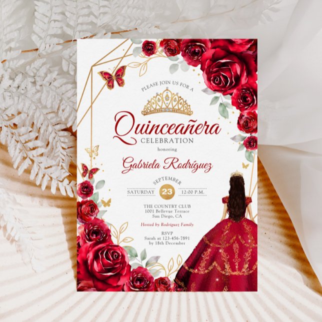 Invitation Quinceanera Roses Rouges Roses robe Or (Créateur téléchargé)