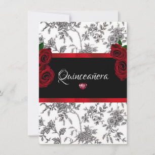 Invitation Quinceanera Roses rouges Rouge Satin Noir et Blanc