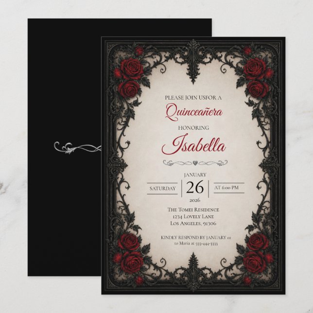 Invitation Quinceañera Roses rouges vintage (Devant / Derrière)