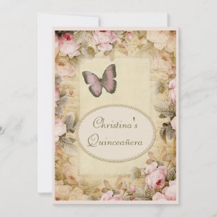 Invitation Quinceañera Roses Vintage Papillon et Notes de Mus