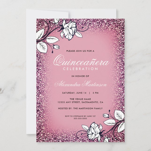 Invitation Quinceanera Roses violettes et blanches pailletées (Devant)