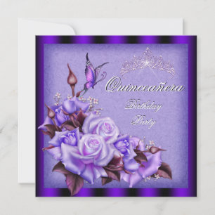 Invitation Quinceanera Roses Violettes Papillon Floral