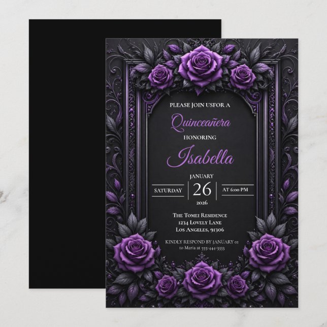 Invitation Quinceañera roses violettes vintage (Devant / Derrière)