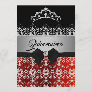 Invitation Quinceanera Rouge Argent Éperche Diamond Tiara Bow