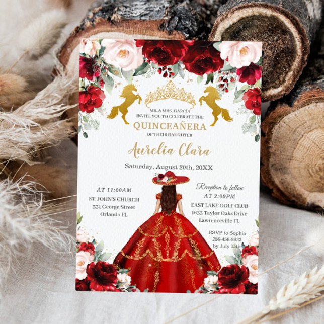 Invitation Quinceañera Rouge Blush Floral Charro Gold Hors (Créateur téléchargé)