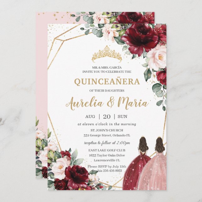 Invitation Quinceañera Rouge Blush Rose Rose Or Floral Twins (Devant / Derrière)
