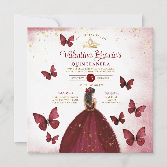 Invitation Quinceañera rouge Bourgogne 15 Anos Butterfly Gold (Devant)