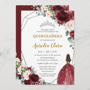 Invitation Quinceañera Rouge Bourgogne Blush Floral Argent Ti