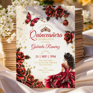 Invitation Quinceañera Rouge Couronne Dorée Roses Papillons