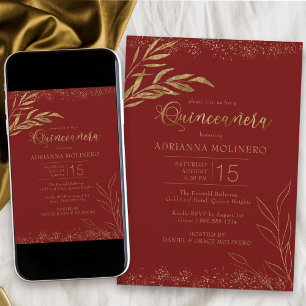 Invitation Quinceanera Rouge et Feuille d'Or Élégante