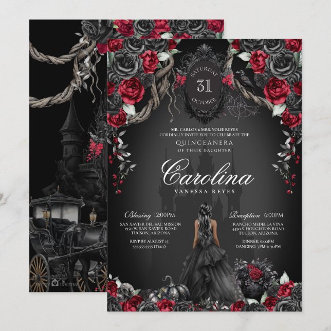 Invitation Quinceanera rouge et noire Halloween Princesse got (Devant / Derrière)