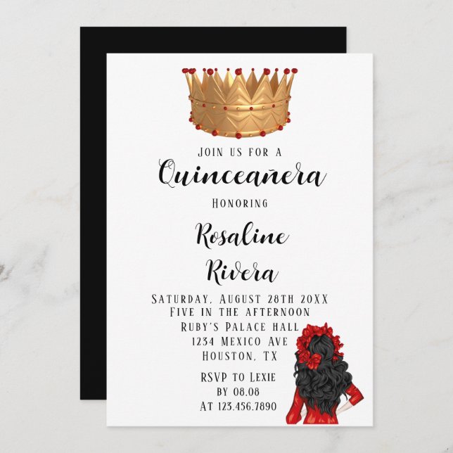 Invitation Quinceanera rouge et or moderne (Devant / Derrière)