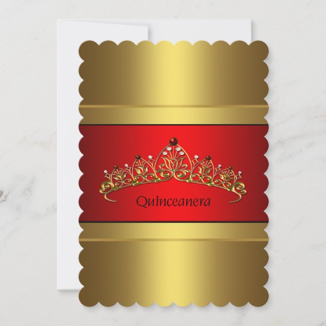 Invitation Quinceanera rouge et or or Tiara Anniversaire (Devant)