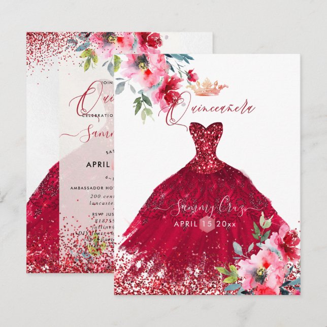 Invitation Quinceanera rouge étincelle Fleurs d'Aquarelle dan (Devant / Derrière)