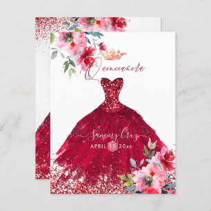 Invitation Quinceanera rouge étincelle Fleurs d'Aquarelle dan