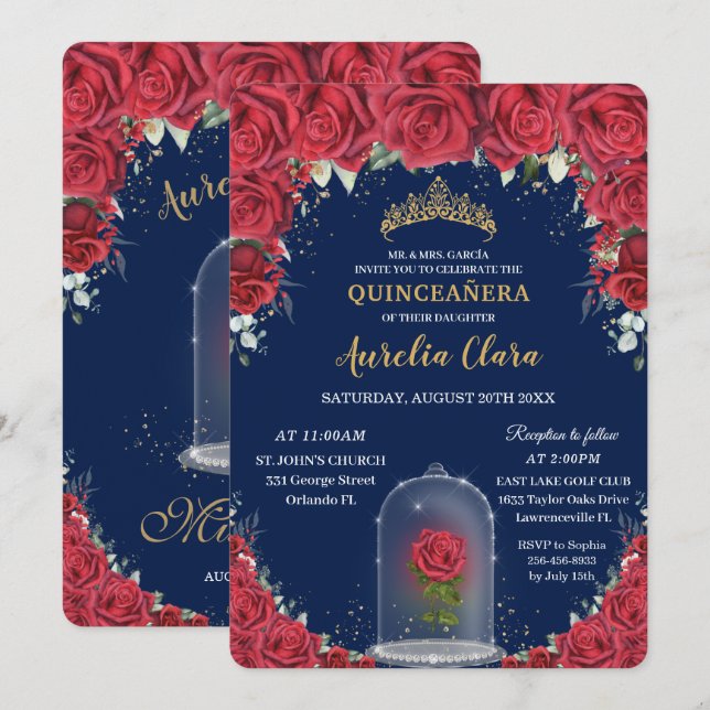 Invitation Quinceañera Rouge Floral Enchantée Marine Rose Ble (Devant / Derrière)