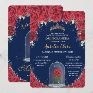 Invitation Quinceañera Rouge Floral Enchantée Marine Rose Ble