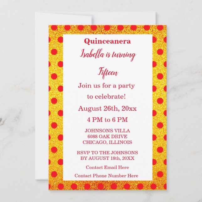 Invitation Quinceanera Rouge Floral Gold Parties scintillant  (Devant)