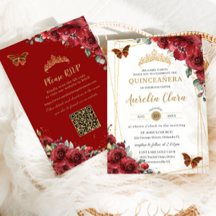 Invitation Quinceañera Rouge Floral Or Papillons QR RSVP