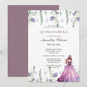 Invitation Quinceañera Rouge  floral papillon violet 