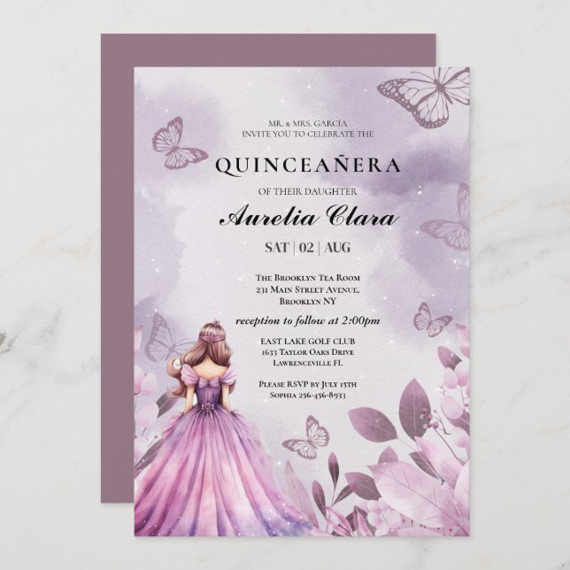 Invitation Quinceañera Rouge  floral papillon violet  (Devant / Derrière)