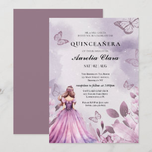 Invitation Quinceañera Rouge  floral papillon violet 
