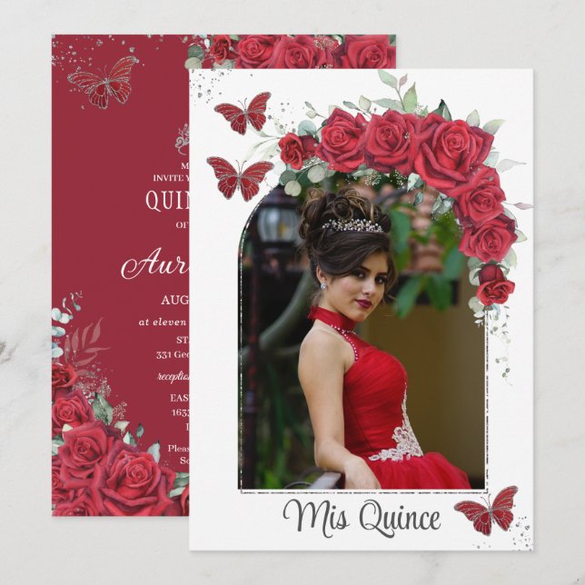 Invitation Quinceañera Rouge Floral Papillons Rose Photo (Devant / Derrière)