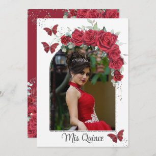 Invitation Quinceañera Rouge Floral Papillons Rose Photo