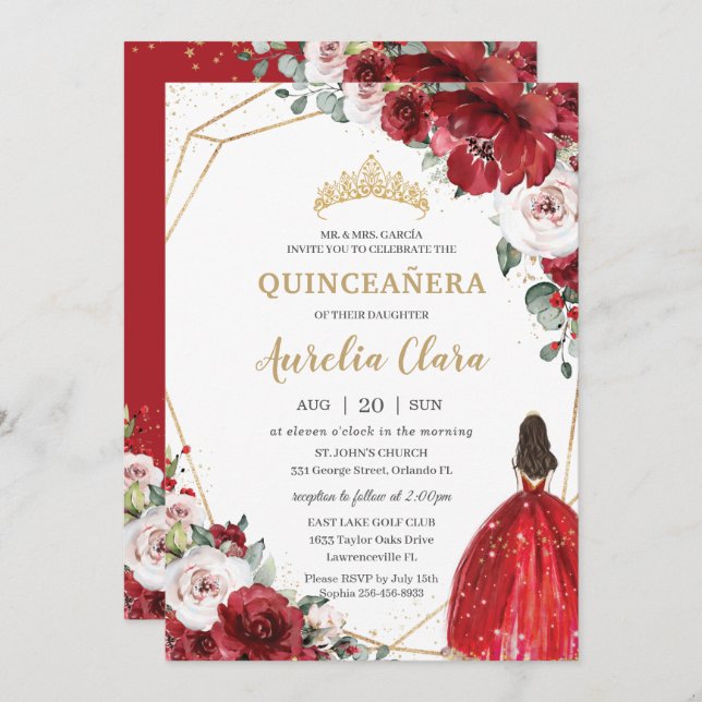 Invitation Quinceañera Rouge ivoire Blush Floral Princesse (Devant / Derrière)