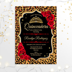 Invitation Quinceanera - Rouge or Empreinte de léopard