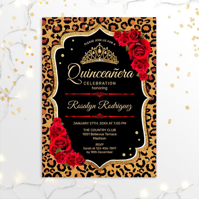 Invitation Quinceanera - Rouge or Empreinte de léopard (Créateur téléchargé)
