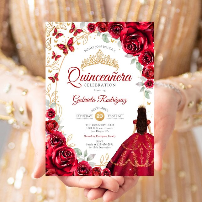 Invitation Quinceanera Rouge Or Floral (Créateur téléchargé)