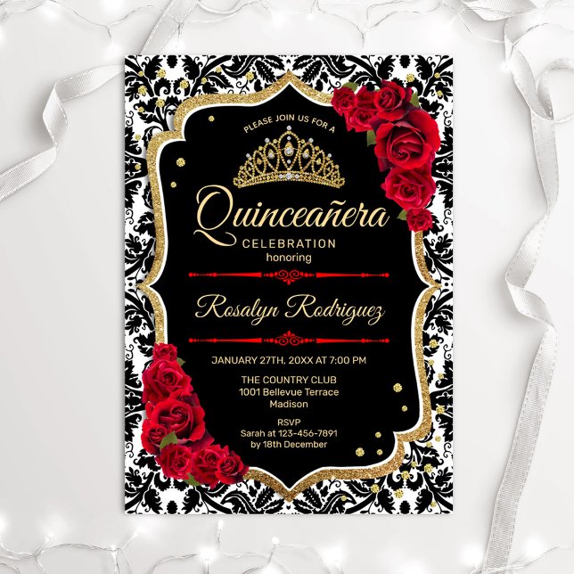 Invitation Quinceanera - Rouge or noir (Créateur téléchargé)
