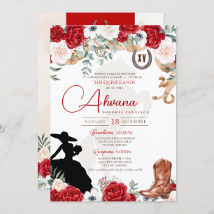 Invitation Quinceanera Rouge Rose Anemone Fancy Charra/Cowgir