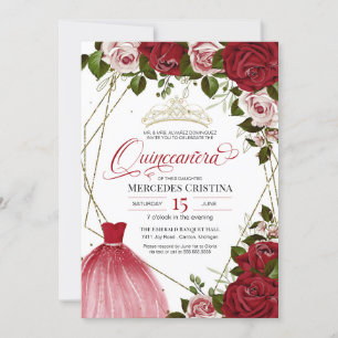 Invitation Quinceañera rouge rose doré fête d'anniversaire de