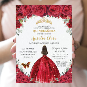 Invitation Quinceañera Rouge Roses Floral Princesse Gown Or
