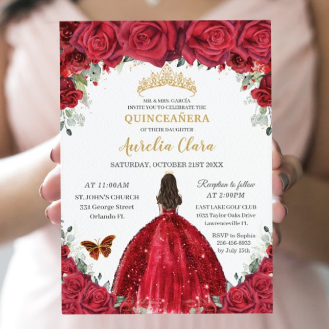 Invitation Quinceañera Rouge Roses Floral Princesse Gown Or (Créateur téléchargé)