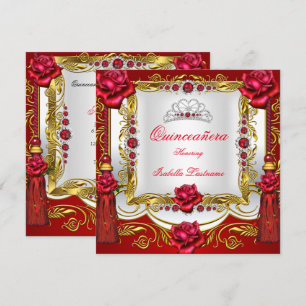 Invitation Quinceanera Rouge Royale Or Rose Pampilles Diadème