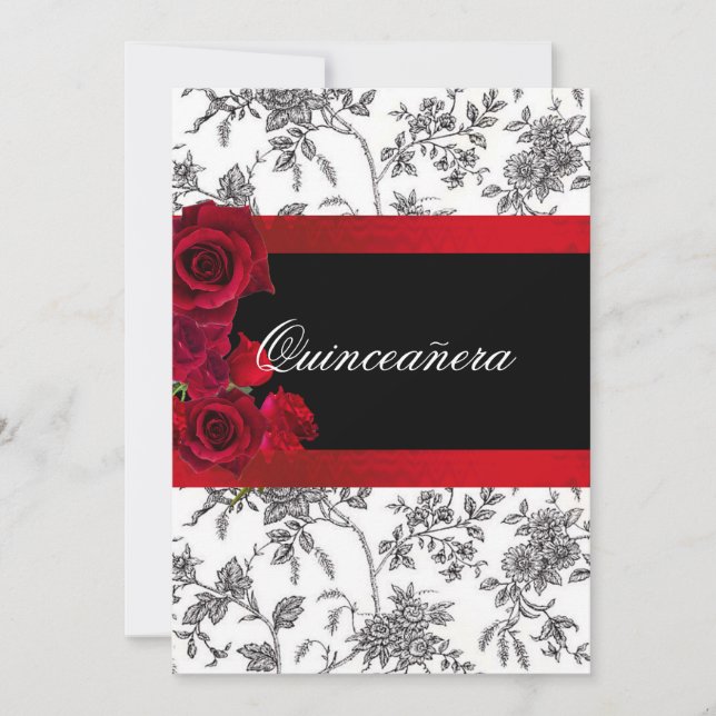 Invitation Quinceanera Rouge Satin Roses Noir Blanc Toile (Devant)