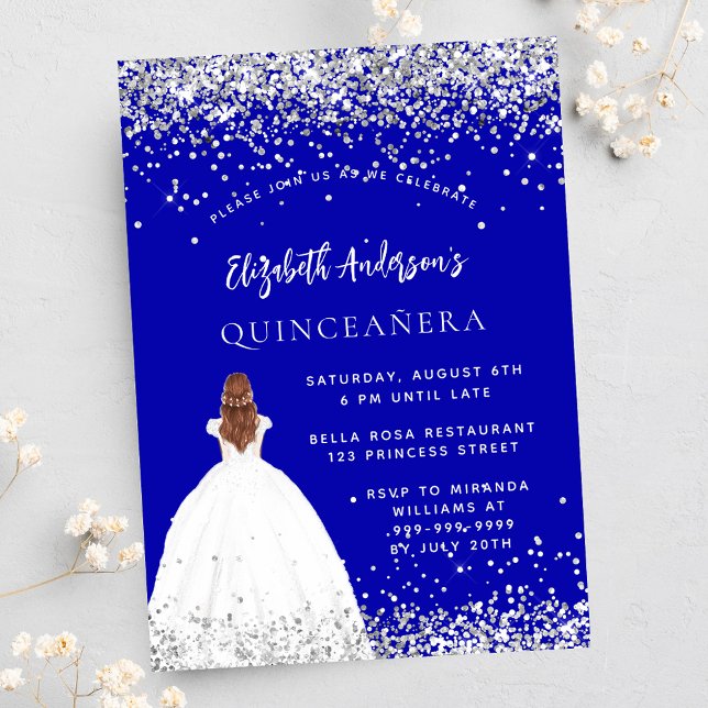 Invitation Quinceanera royal bleu argent robe luxe (Créateur téléchargé)
