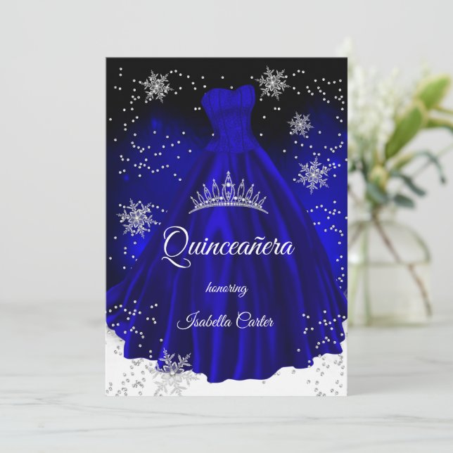 Invitation Quinceanera Royal bleu flocon de neige Robe en arg (Debout devant)