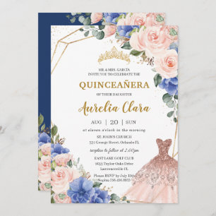Invitation Quinceañera Royal Blue Blush Floral Ball Gown