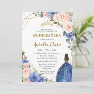 Invitation Quinceañera Royal Blue Blush Floral Gold Princess